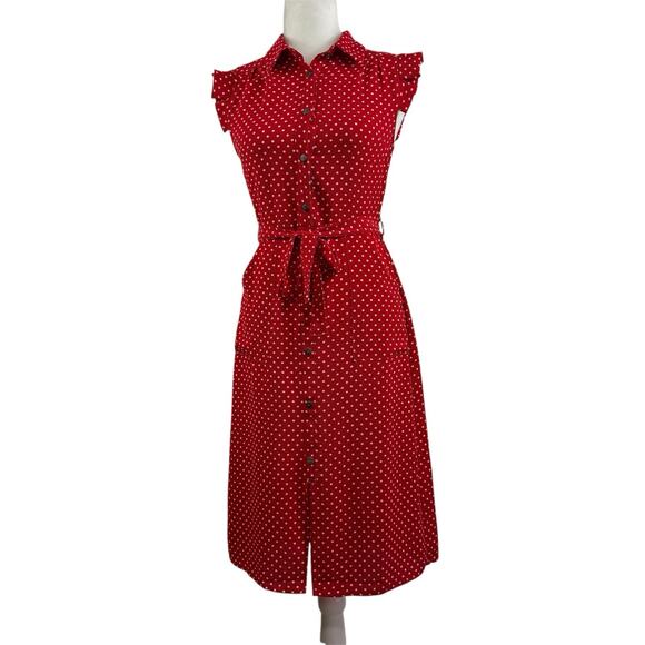 Retro Romance Polka Dot Red White Monteau Dress Small Pockets Belted Tradwife - Picture 12 of 12